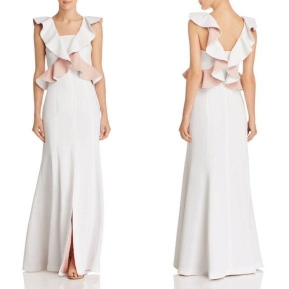 NWT C/MEO Collective Elation Ruffle-Bodice Gown in Ivory with Blush Size Large